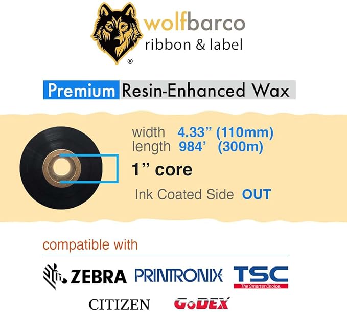 Wolfbarco 1 Roll 4.33" x 984' 110mm x 300m Premium Resin-Enhanced Wax Ribbon, Black Barcode Thermal Transfer Ribbon 1" Core Ink Outside CSO for Zebra, Printronix, TSC, Godex, Citizen Printers