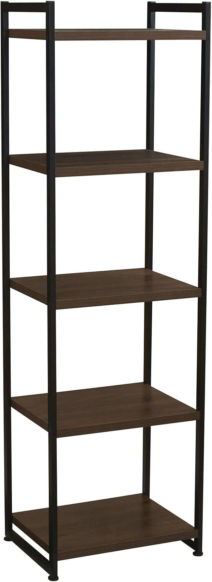 Household Essentials Narrow 5‑Shelf Open Storage Bookshelf, Mid‑Century Walnut Wood Grain with Black Metal Frame