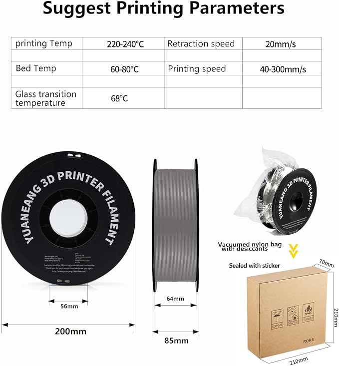 PETG 3D Printer Filament 1.75mm Gray, 1kg Spool, Strong & Durable PETG Material, Heat-Resistant, Low Warping, ±0.03mm Precision, Ideal for Functional Parts