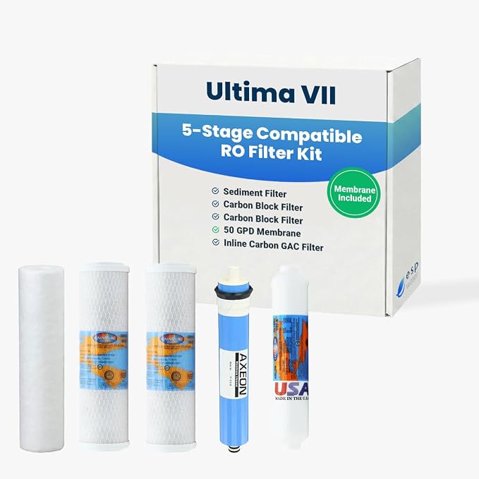 Ultima VII 5 Stage Reverse Osmosis Water Filter Kit - Compatible with Ultima 7 RO System, Includes 50 GPD RO Membrane Element Essentials - Annual Replacement Change Every 6 to 12 Months