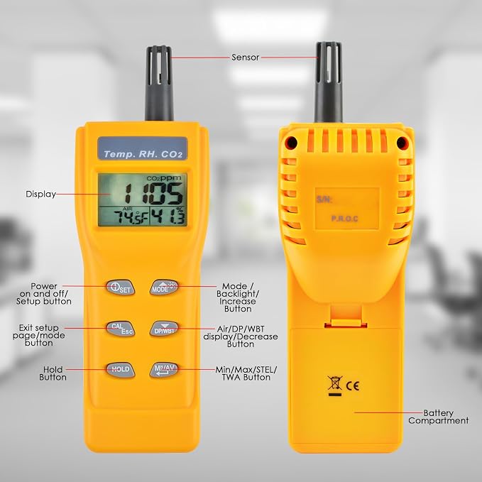 CO2 Meter Handheld CO2 Detector, 0-9999ppm Digital CO2 Monitor Temperature and Humidity Meter Carbon Dioxide Detector with NDIR Sensor Buzzer Alarm and Clibration Function for Home Grow Room