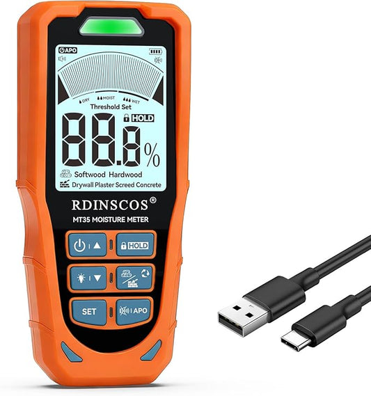 RDINSCOS Pinless Moisture Meter for Drywall & Wood 6-in-1 Moisture Tester | Non-Destructive Moisture Detector,For Wood, Drywall, Plaster, Concrete, Screed & Flooring, Audible Alarm,Rechargeable