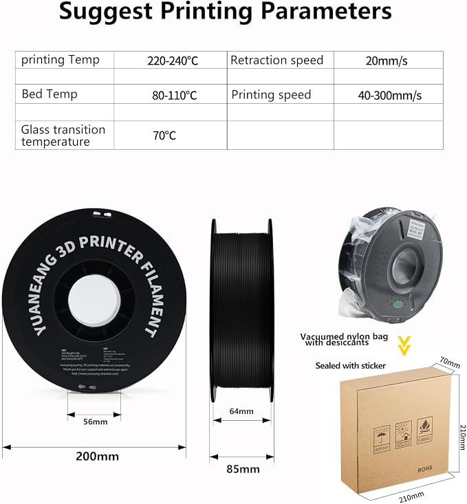 ABS 3D Printer Filament 1.75mm Black, 1kg Spool, Strong & Durable ABS Material, High Heat Resistance, Low Warping, ±0.03mm Precision, Ideal for Functional Parts, Enclosures