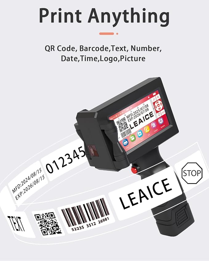 Handheld Inkjet Printer, 1 inch/25.4 mm Print Height Handheld Printer Gun with Quick-Drying Ink Cartridge for Batch Number Date QR Codes Barcodes Labels Logo Printing on Diverse Materials