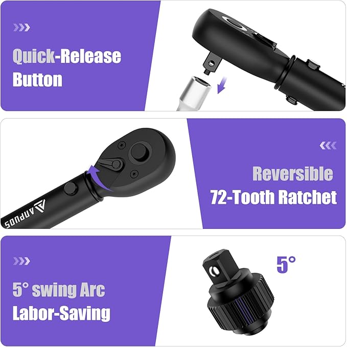 ANPUDS 1/4 Inch Drive Click Torque Wrench, 20-240 in.lb/2.3-27.1 Nm | Aluminum Adjustable Inch Pound Tool with 72 Tooth, Dual Range Scales, Small Bike Torque Wrench for Bicycle Maintenance