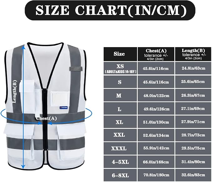 A-SAFETY High Visibility Reflective Vest, Mic Tabs, Front Zipper, White, L | White L Polyester work vest with 7 pockets, black front zipper and reflective strips for site management; for men and women.