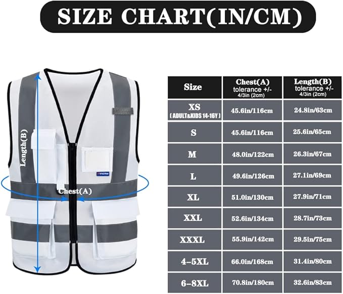 A-SAFETY Hi-Vis Reflective Vest with Reinforced Points, Zipper, White, 2XL | White 2XL Polyester work vest with 7 pockets, reinforced pockets and front zipper for authorized visitors; unisex workwear.