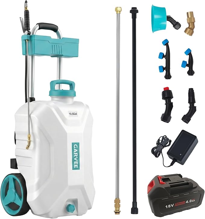 Garvee 10.5 Gallons Battery Powered Sprayer with Wheeled Cart, 18V 4Ah Electric Sprayer with 6 Nozzles & 2 Wands, 4-6 Hour Runtime, 80PSI Adjustable Pressure, Trigger Lock, Yard Sprayers for Lawn