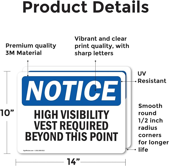 (2 Pack) High Visibility Vests Required Beyond This Point OSHA Notice Sign 14 Inch X 10 Inch Vinyl Label Decal Sticker Weather Resistant, UV Protected for Workplace, Business, and Construction Site, Made in the USA