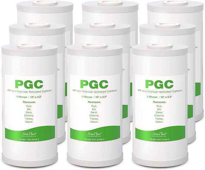 SimPure 5 Micron 10" x 4.5" Sediment and Carbon Whole House Water Filters, PGC Replacement Cartridge for GE FXHTC, GXWH40L, RFC-BB / 155141-43, WRC25HD, WDGD-5005, W10-PR, W15-PR, 9 Pack