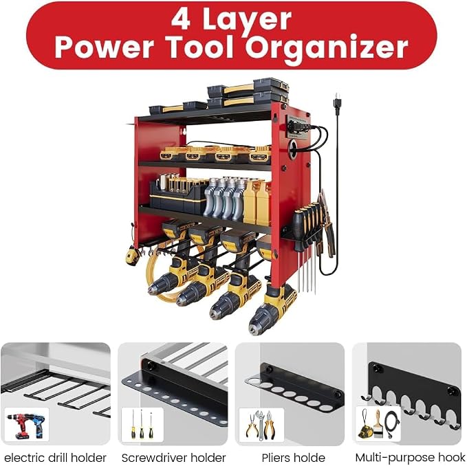 4-Tier Power Tool Organizer, Built-in 2-Outlet Charging Station for Small Garages, 400lb Capacity 12mm Steel Drill Holder & Battery Storage for DIY Home Workshops (4 Slots with 2 Outlets Power Strip)