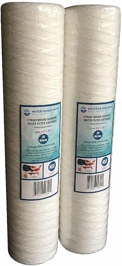 WFD, WF-SW2020-BB 4.5"x20" 20 Micron String Wound Sediment Water Filter Cartridge, Fits in 20" Big Blue (BB) Housings of Whole House Filter Systems (2 Pack, 20 Micron)
