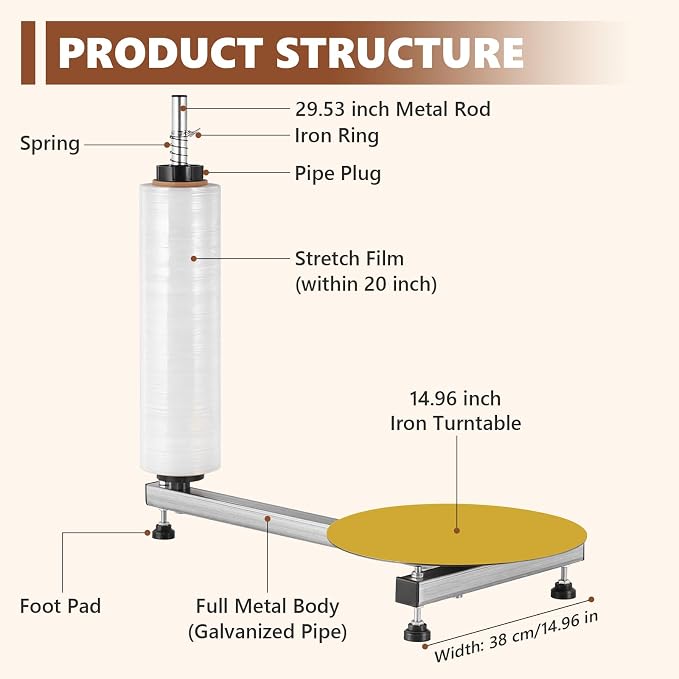 Manual Table Stretch Film Dispenser Wrapping Machine with 15-inch Iron Turntable for 12-20" Stretch Wrap Rolls, Manual Pallet Wrapper Bench for Small Business Packaging, Shipping & Warehousing