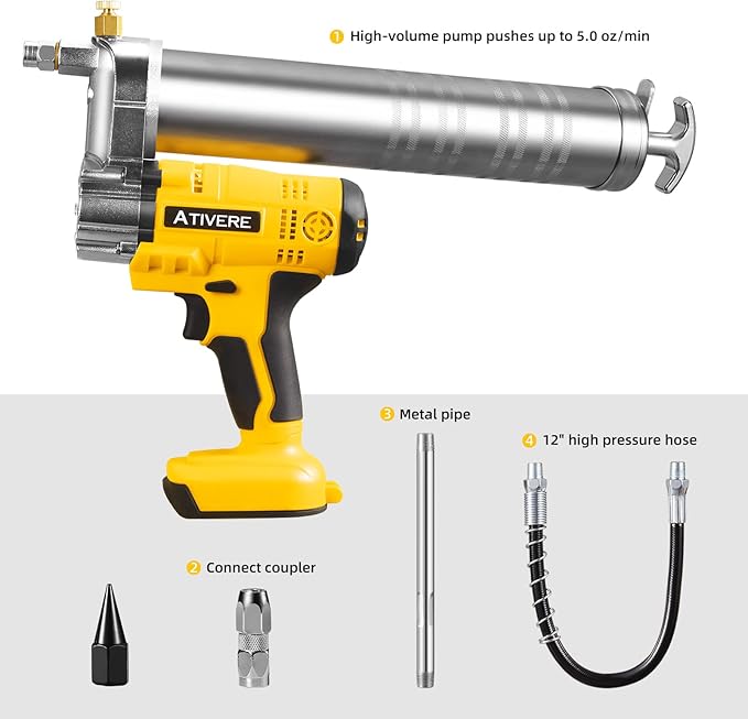 Lithium Battery Grease Gun Cordless for DeWalt 20V Max Battery (NO Battery) Yellow with 12” Spring Flex Hose, 10000 PSI High Pressure Quick Release Grease