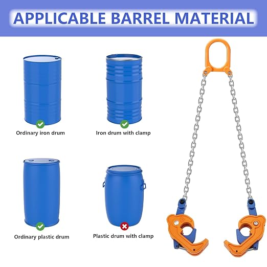 Dollate Chain Drum Lifting Clamp, 2200LBS Load Capacity, G80 Horizontal Double Chain Oil Drum Hoist For 55 Gallon Plastic And Metal Drums, Horizontal Vertical Lifting