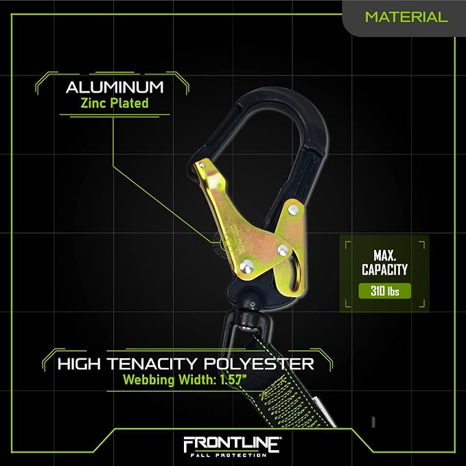 Frontline LIS62RA Elastic Double Leg 6' Lanyard with Aluminum Rebar Hooks | Twin Lanyard 1 Snap Hook and 2 Rebar Hook Ends | ANSI & OSHA Compliant Fall Protection | 6000 lbs. Min. Breaking Strength