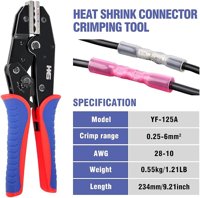 HKS Crimping Tool For Heat Shrink Connectors - Ratcheting Wire Crimpers - AWG 28-10 (0.25-6.0mm²) - Ratchet Terminal Crimper - Electrical Crimping Tool