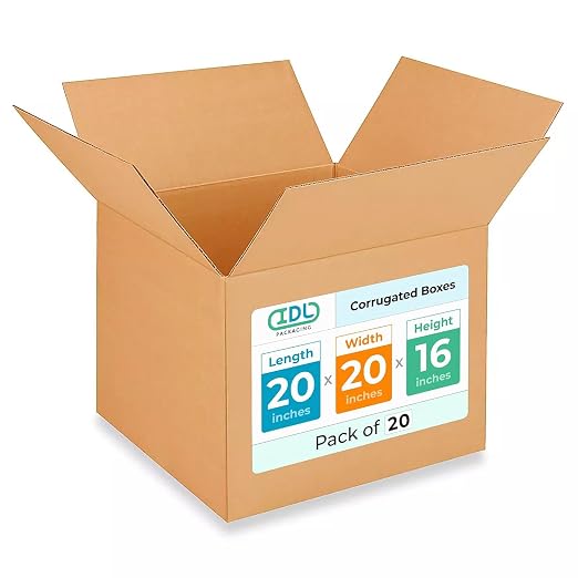 Extra Large Shipping & Moving Boxes 20"L x 20"W x 16"H (20-Pack) - Extra Strength 200 lb vs Regular - USA-Made Corrugated Packing Boxes for Moving - Large Box for Packaging by IDL Packaging
