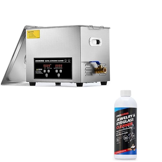 CREWORKS 10L Ultrasonic Cleaner with Heater & Timer, and 17 fl oz Jewelry Cleaner Solution for Gold Diamond Gemstone Glasses Silver Jewelry