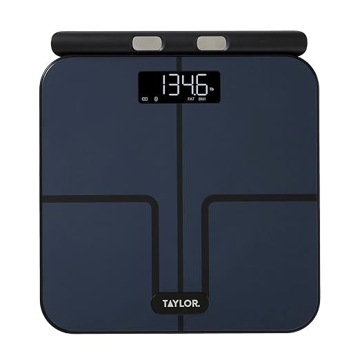Taylor Smart Total Body Composition Scale with Precision Hub App, Retractable Handle, 11.8" x 11.8" Glass Platform, Vanishing 0.9" LED Display, 440 lb Capacity, 8 Contact Points, Black