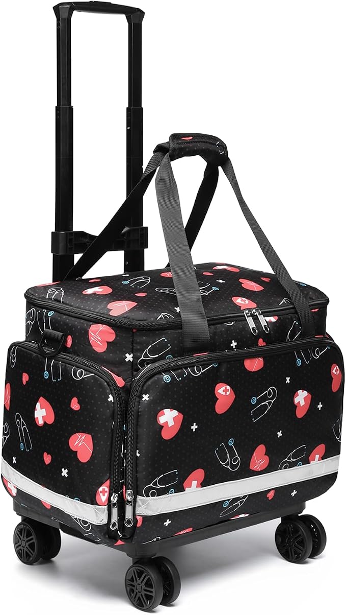 Medical Bag Rolling Roller Bag Trolley Duffel Nurses EMT CNA RN Empty for First Aid Responder Home Health Care Nursing Student Roll Duffle Bag Carry on Wheels Wheeled Work Physicians Doctor (HEART)