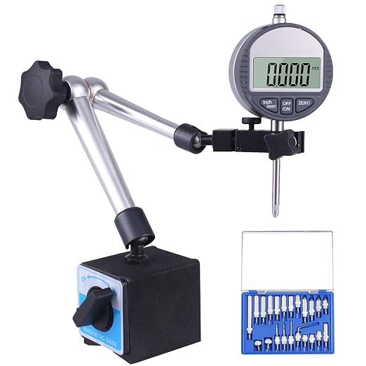 Qnkaa Electronic Digital Dial Indicator with Magnetic Base Holder Fine Adjustable Long Arm 0-1" / 25.4mm Inch/Metric Conversion Professional Gauge 0.01mm/0.001"