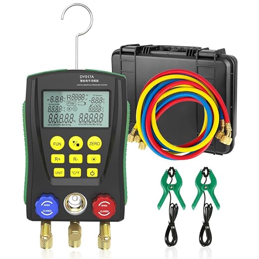 HVAC Gauges Digital Manifold Gauge Set Dual Pressure&Temp Test 89 Refrigerant Gauges R22 R134A R410A Refrigerant Recharge Kit HVAC Manifold Vacuum AC Gauge with Hoses for Air Conditioning/Refrigerator