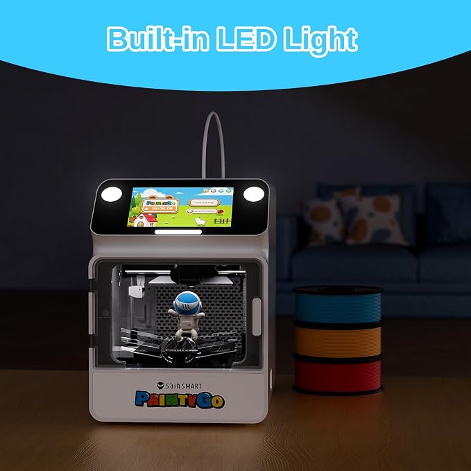 SainSmart PrintyGo Mini 3D Printer for Kids, 600mm/s Auto Leveling Printer for Beginners with 5" Touch Screen, 1500+ Models, Child-Safe Design, Wi-Fi/App Control, Pre-Assembled for STEM Learning Gift