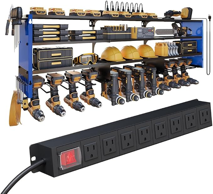 53" Power Tool Organizer Wall Mount with Power Strip,Blue Heavy Duty Metal Tool Shelf, 400lbs Capacity for Cordless Drills, Batteries & Garage Storage (12 Slots with 8 Outlets Power Strip)
