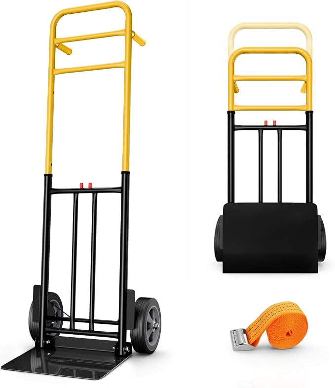 Folding Hand Truck Dolly Cart, 800 lb Capacity, Compact Foldable, Alloy Steel Frame, Adjustable Handle 47.5 to 51.5 Inches, Heavy-Duty 8 Inch Solid Rubber Wheels, for Moving, Warehouse, Home Office