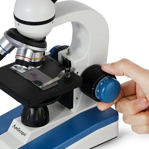 AmScope M150C-PS25-WM Compound Monocular Microscope, WF10x and WF25x Eyepieces, 40x-1000x Magnification, LED Illumination, Brightfield, Single-Lens Condenser, Coaxial Coarse and Fine Focus, Plain Stage, 110V, Includes Set of 25 Prepared Slides and Book