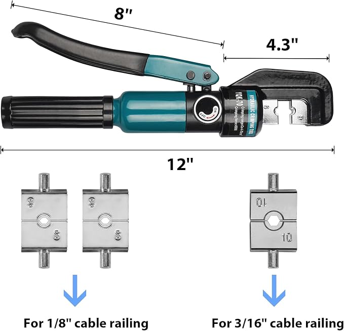 Steel DN Mate Hydraulic Crimping Tool/Hydraulic Crimper with Cable Cuttter for Stainless Steel Cable Railing Hardware,Battery Cable Crimping Tool for 1/8", 5/32" to 3/16" DC02
