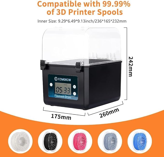 Comgrow Filament Dryer, Upgraded Filament Dry Box, Large-Capacity 3D Filament Dehydrator for 2KG Filament, Compatible with 1.75mm, 2.85mm Filament and PLA PETG TPU ABS Material