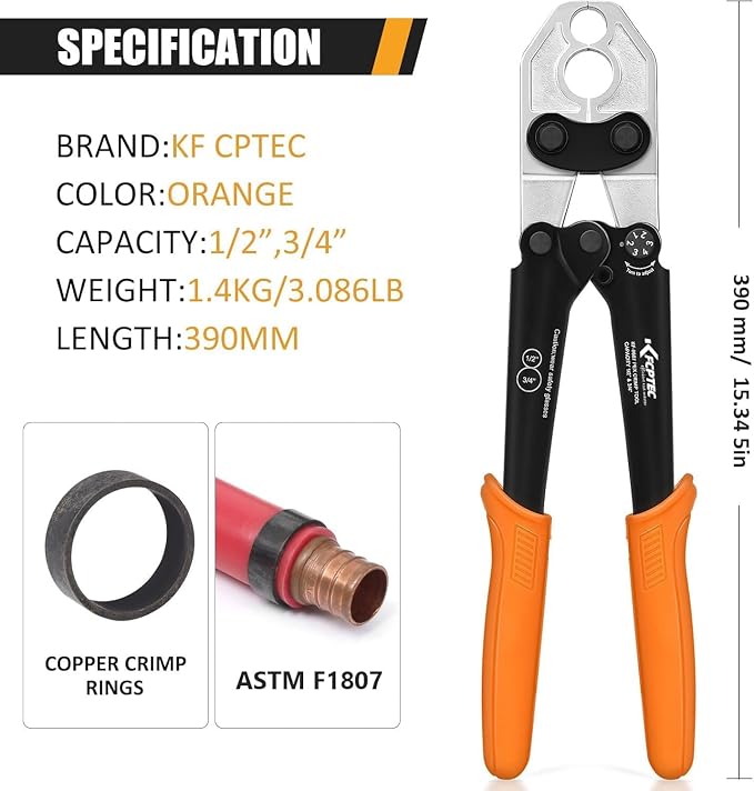 KF CPTEC PEX Crimping Tool, Forged Steel Heavy-Duty Crimper for Copper Crimp Rings (1/2 Inch & 3/4 Inch), Includes Go/No-Go Gauge, ASTM F1807 Compliant Plumbing Tool