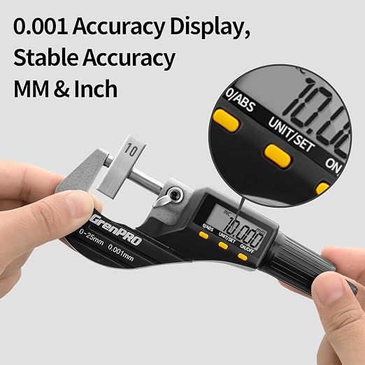 GRENPRO Digital Micrometer Measuring Tool, Professional Inch/Metric Precision Thickness Gauge, DIY and Household Use 0.00005"/0.001 mm Accuracy Micrometers ，Protective Case with Extra Battery
