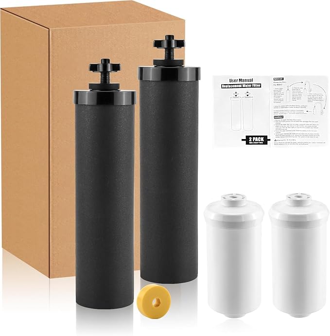 Black Activated Carbon Water Filter Elements & Fluoride Filters for Gravity Water Filtration System with UF-membrane Certified Water Filter Replacement, Pack of 4