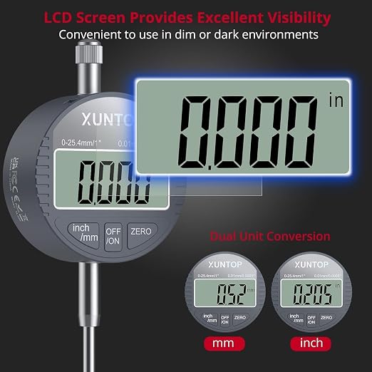 XUNTOP Digital Dial Indicator 1inch/0.0005inch with 132lbs/60kg Magnetic Base,Inch/Metric Conversion LCD Display Electronic Indicator, Dial Test Gauge for Lathe,3D Printer,CNC,Indusrial