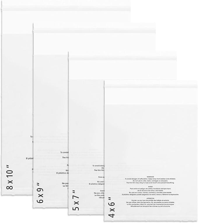 Clear Resealable Poly Bags with Suffocation Warning (400 Pack) - 4 Sizes: 4x6, 5x7, 6x9, 8x10 - Self-Seal Plastic Sleeves for Packaging