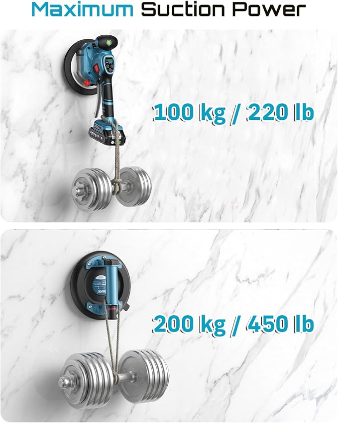 Tile Vibration Tool with 8" Suction Cup Kit for Laying and Lifting Tile | 145mm Tile Vibrator, 10 Speeds, 18000 r/min, 2 x 2000mAh Batteries, 220/450 lb Suction, For 6-48 in Floor and Wall Tiles