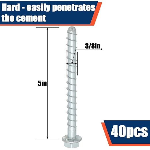 Tandefio 40 Pack 3/8" x 5" Concrete Screw Anchor Galvanized Large Diameter Heavy Duty Plated Concrete Anchors for Masonry Brick Anchoring Block Decking Framing Hex Drive