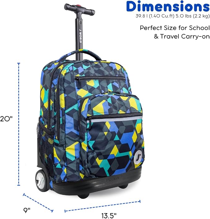J World Sundance Laptop Rolling Backpack for Girls Boys. Roller Bookbag with Wheels, 20 Inch, Cubes