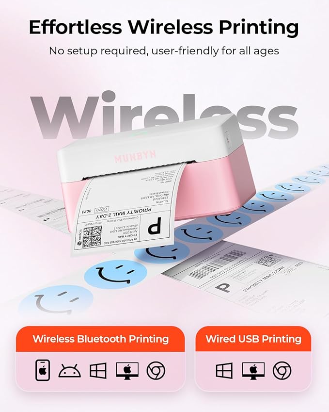 MUNBYN Bluetooth Thermal Label Printer RW403B, Wireless 4x6 Shipping Label Printer for Small Business, Compatible with Android, iPhone, Windows, Mac, Chromebook, Print Width 1.57"-4.25" (Pink)