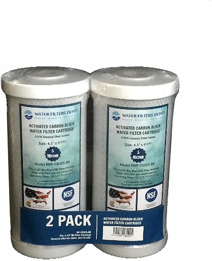 WFD, WF-CB105-BB 4.5-inch x 9-3/4-inch Activated Carbon Block Water Filter Cartridge, fits in 10-inch Big Blue (BB) filter housings (2 Pack, 5 Micron)