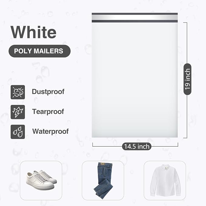 UCGOU Poly Mailers 14.5x19 Inch White 200 Pack Large Shipping Bags #7 Strong Thick Mailing Envelopes Self Sealing Adhesive Waterproof and Tear Proof Boutique Packaging Postal for Clothing
