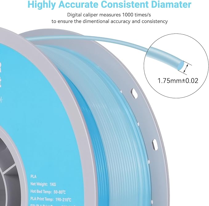 TECSONAR Crystal Rainbow PLA 3D Printer Filament, 1KG Spool(2.2lbs) 1.75mm PLA Fast Color Change 3D Printing Material,Gradient Filament for Most FDM 3D Printers,White Blue