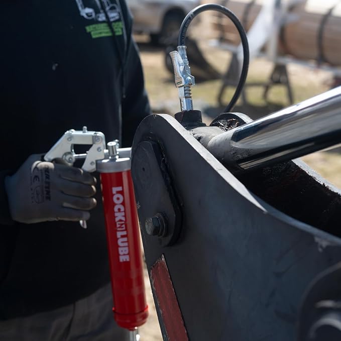 LockNLube Heavy-Duty Pistol Grip Grease Gun with our patented LockNLube® Locking Grease Coupler, 20" Hose, Inline Swivel, Rated 10,000 PSI