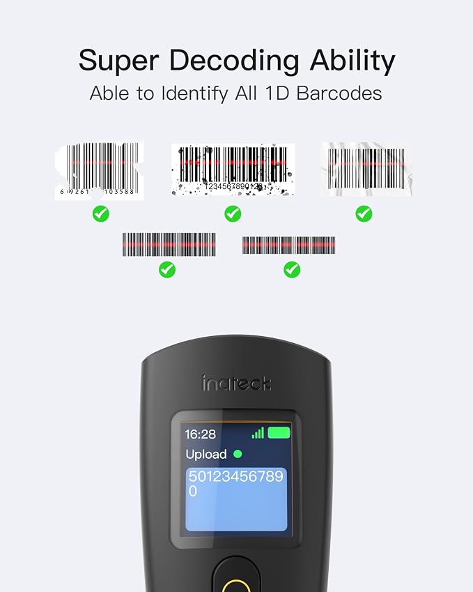 Inateck 1D Wireless Barcode Scanner with 1.4" TFT Screen, Portable Bluetooth Barcode Reader, 1000mAh Battery, Fast 1D Bar Code Scanning for Inventory, Library, Warehouse, Nano 230D