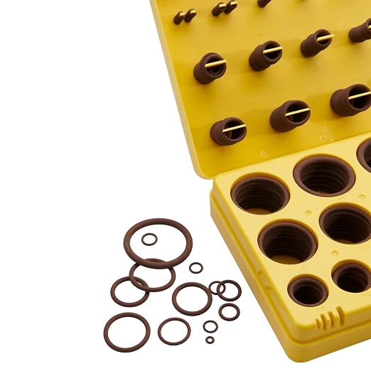 BUSY-CORNER 382 Pieces FKM O Ring Kit, Fluorocarbon 75A, 30 Inch Sizes, Chemical Resistant and Oil Resistance O-Rings for Various Chemicals, Hydraulic, Cylinders, Plumbing (Yellow Box, Brown Orings)