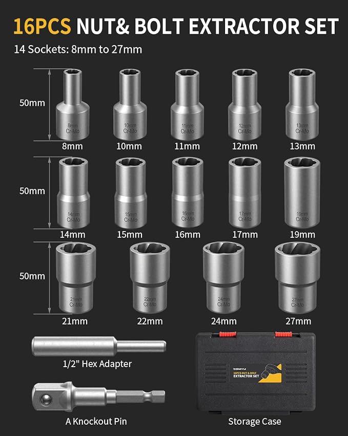 16Pcs Bolt Extractor Kit, 1/2" Drive Impact Lug Nut Removal Tool, Stripped Bolt Extractor for Removing Damaged, Frozen, Rusted, Rounded-Off Bolts & Nuts, Industrial Grade Cr-Mo Steel