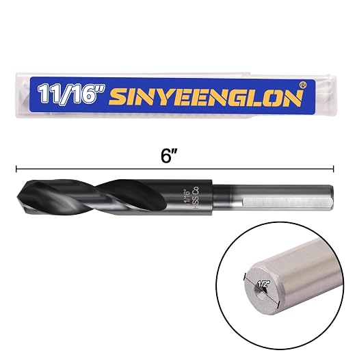 11/16 Drill Bit for Metal and Hardened Steel, M35 Cobalt 1/2 Inch Reduced Shank Industrial Grade Heavy Duty Drill Bit, with Index Storage Case